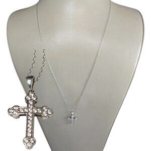KA1772 Vintage Sterling Silver Cubic Zirconia Cross Pendant Necklace Italy